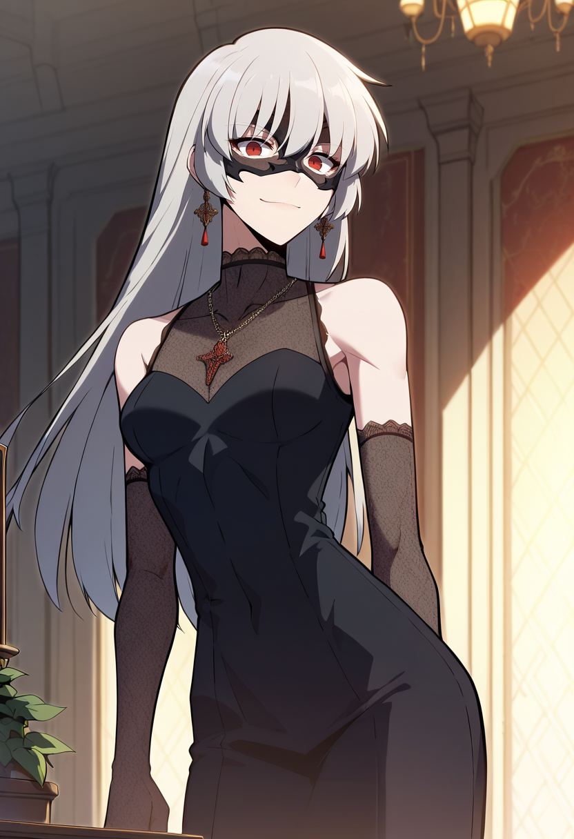 score_9, score_8_up, score_7_up,
<lora:SoloMaxLevelNewbie_AliceXL:0.8>, AliceSMLN,
1girl, solo, closed mouth, light smile, 
grey hair, long hair, red eyes,
AliceHighClass, black dress, elbow gloves, mask, sleeveless, pendant, lace trim, earrings,
standing, looking at the viewer, facing viewer, cowboy shot, thigh gap,
indoors