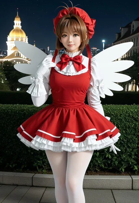 score_9, score_8, score_7, a high detail RAW color professional photo of a 18yo beautiful stunning plump woman posing for a picture, Kinomoto_Sakura, green_eyes, brown_hair, short_hair, antenna_hair, hair_intakes, perfect anatomy wide hips, narrow waist, broad shoulders, muscular and voluptuous body, magical_girl, white_gloves, red_dress, puffy_sleeves, red_bow, white_pantyhose, frills, red_headwear, white_wings, pose, outdoors, cityscape, night, soft lighting, 8k, perfect lighting, cinematic lighting, highly detailed eyes, highly detailed pupils, highly detailed face, highly detailed skin texture, highly detailed facial features, highly detailed hair texture, highly detailed body, highly detailed hands and fingers, highly detailed nails, highly detailed background, full-body shot, looking at the viewer, f/2.8, 50mm focal length, ISO 200, photographed on a Canon EOS 90D Camera