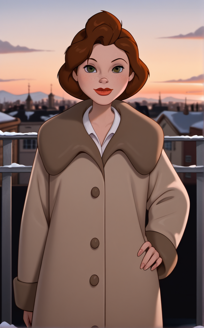 score_9, score_8_up, score_7_up, absurdres, contrapposto, hand on hip, sunset, sidelighting, cityscape, vanishing point, outdoors, depth of field, solo, looking at viewer, <lora:PONYXL_IronGiant_AnnieHughes_ownwaifu:1>, BREAK TrenchCoat_AnnieHughes_ownwaifu, 1girl, breasts, brown hair, eyeshadow, green eyes, lipstick, makeup, nose, red lips, short hair, long sleeves, brown coat, single hair bun, freckles, brown jacket, buttons, lips, white shirt, afro, trench coat, collared shirt, winter clothes, mature female,<lora:add-detail-xl:0.15>,