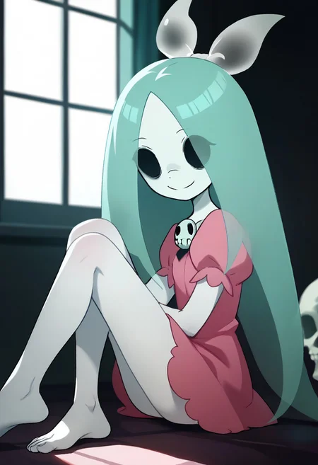 score_9, score_8_up, score_7_up BREAK Dthgrl, 1girl, ghost, pale skin, black hollow eyes, cyan hair, white bow, pink dress with skull brooch, barefoot, smiling at viewer,