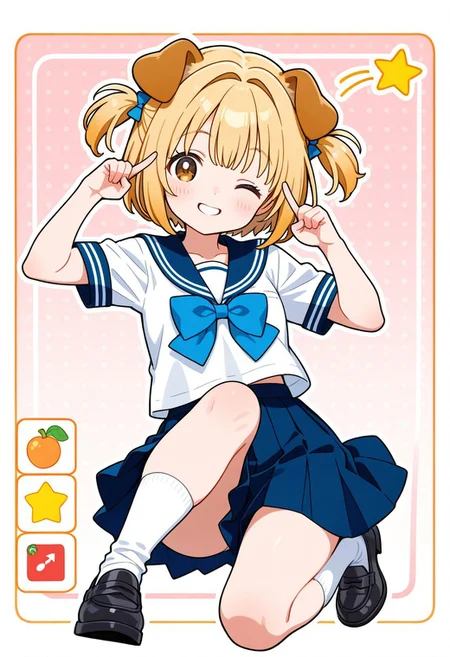 not ai art,not ai art,Intakes Hair,bangs,short twintails,short hair,dog ears,dog girl,serafuku,blue bow,blue orange bow,blonde hair,brown eyes,socks,white socks,shoes,ima_AI123,moe style,1girl,smile,wink star,hand pose,pose hand,perfect hand,icon,game icon