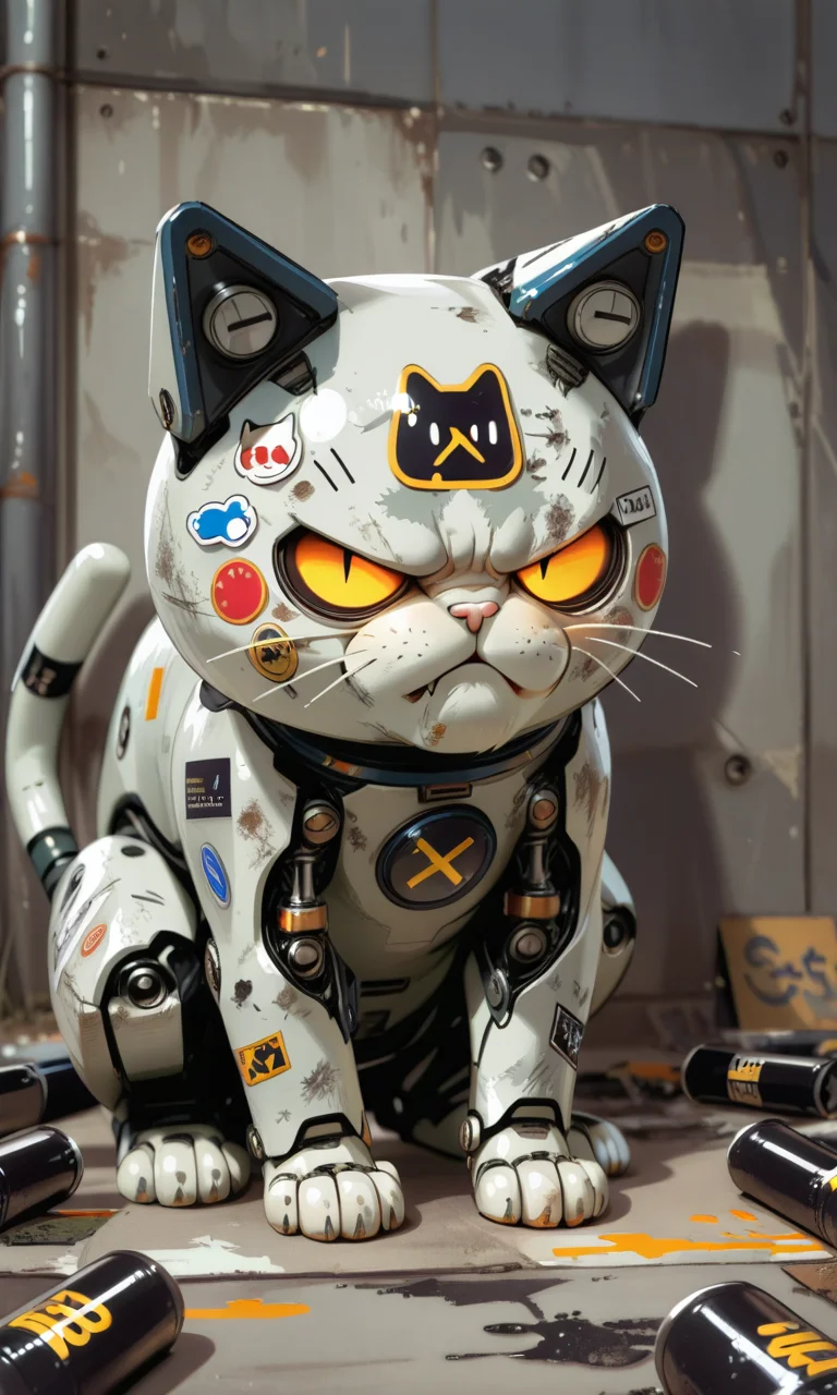 highly advanced grumpy robot cat covered in sticker, stickerbomb coating, stickers everywhere, cluttered, <lora:- iLL - the_edgy_mech_V3.0:.8>