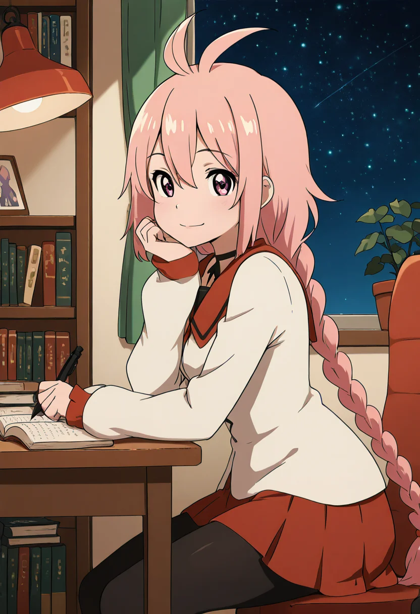 masterpiece, best quality, solo, curvy, beautiful eyes, narrow waist, wide hips, 1girl, solo, smile, looking at viewer, zzKaede, pink eyes, hair between eyes, ahoge, antenna hair, long hair, pink hair, single braid, school uniform, choker, sleeves past wrists, red skirt, black pantyhose, ,<lora:KaedeByKurumiErika_IXL:1.0>, , zzLofi, sitting, side view, desk, chair, book, bookshelf, head rest, holding, holding pen, lamp, night, open book, pen, plant, potted plant, sky, star (sky), starry sky, window, windowsill, writing, <lora:LofiGirl_Style_IXL:0.8>,