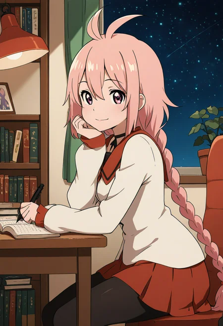 masterpiece, best quality, solo, curvy, beautiful eyes, narrow waist, wide hips, 1girl, solo, smile, looking at viewer, zzKaede, pink eyes, hair between eyes, ahoge, antenna hair, long hair, pink hair, single braid, school uniform, choker, sleeves past wrists, red skirt, black pantyhose, ,<lora:KaedeByKurumiErika_IXL:1.0>, , zzLofi, sitting, side view, desk, chair, book, bookshelf, head rest, holding, holding pen, lamp, night, open book, pen, plant, potted plant, sky, star (sky), starry sky, window, windowsill, writing, <lora:LofiGirl_Style_IXL:0.8>,