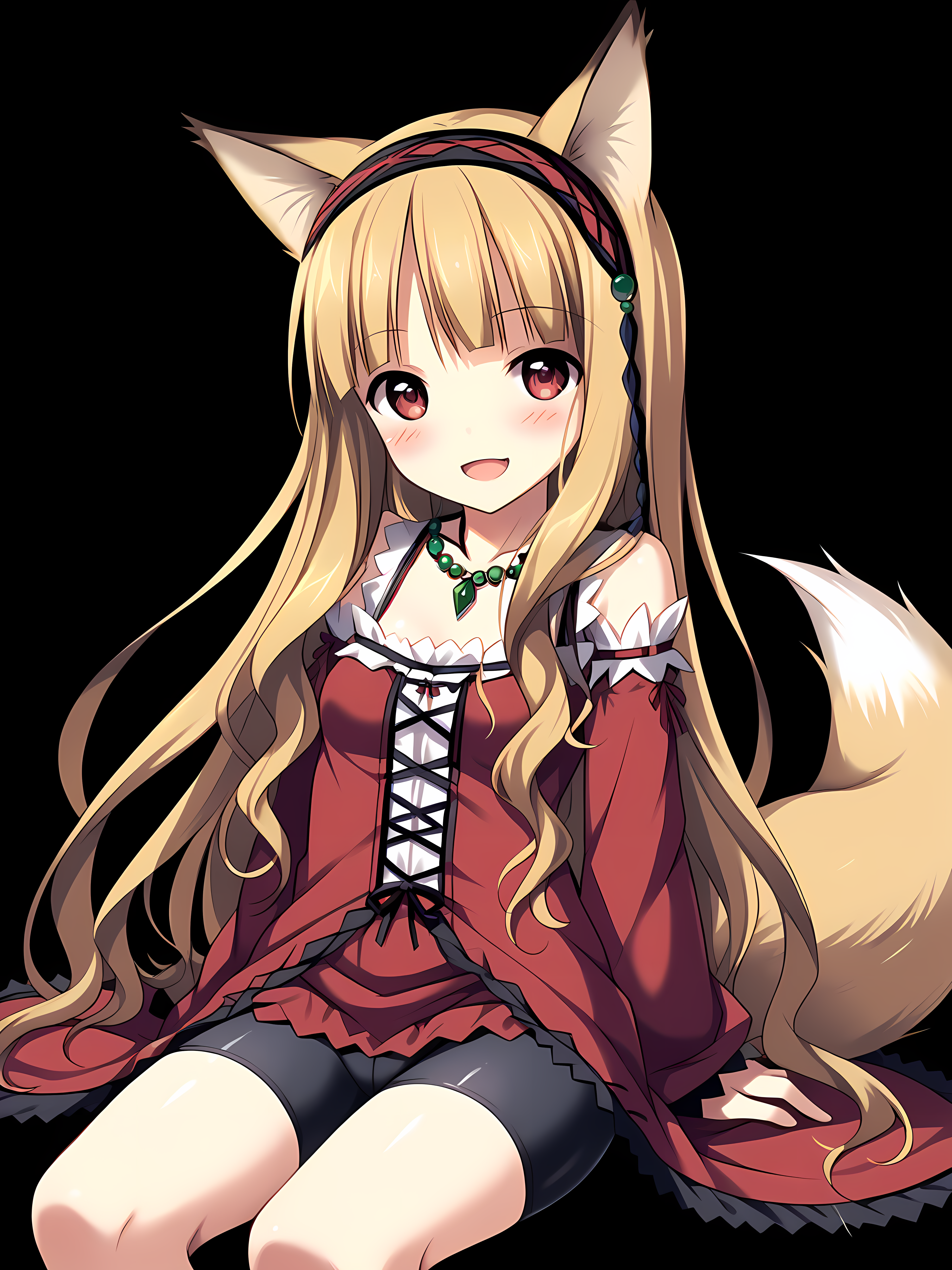 <lora:Madou_Koukaku_-_Eushully:1>,eushully,(neneka:1.5),1girl,animal ears,solo,tail,long hair,blonde hair,blush,smile,fox tail,open mouth,sitting,fox ears,dress,red eyes,hairband,jewelry,necklace,small breasts,bike shorts,black background,simple background,, score_9, score_8_up, score_7_up,source_anime,(masterpiece),(best quality),(ultra-detailed),(best illustration),(best shadow),(absurdres),(detailed background),(very aesthetic),source_anime