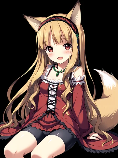 <lora:Madou_Koukaku_-_Eushully:1>,eushully,(neneka:1.5),1girl,animal ears,solo,tail,long hair,blonde hair,blush,smile,fox tail,open mouth,sitting,fox ears,dress,red eyes,hairband,jewelry,necklace,small breasts,bike shorts,black background,simple background,, score_9, score_8_up, score_7_up,source_anime,(masterpiece),(best quality),(ultra-detailed),(best illustration),(best shadow),(absurdres),(detailed background),(very aesthetic),source_anime