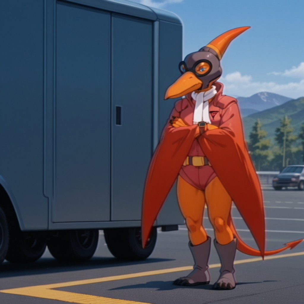 masterpiece, best quality, amazing quality,DactylDsil, anthro, male, pterosaur, orange skin,blue blue eyes, winged arms, dark orange wings, red leotard, white scarf, black goggles, grey aviation helmet, grey boots, dark orange wristbands, grey belt, yellow belt pouch, outside, crossed arms