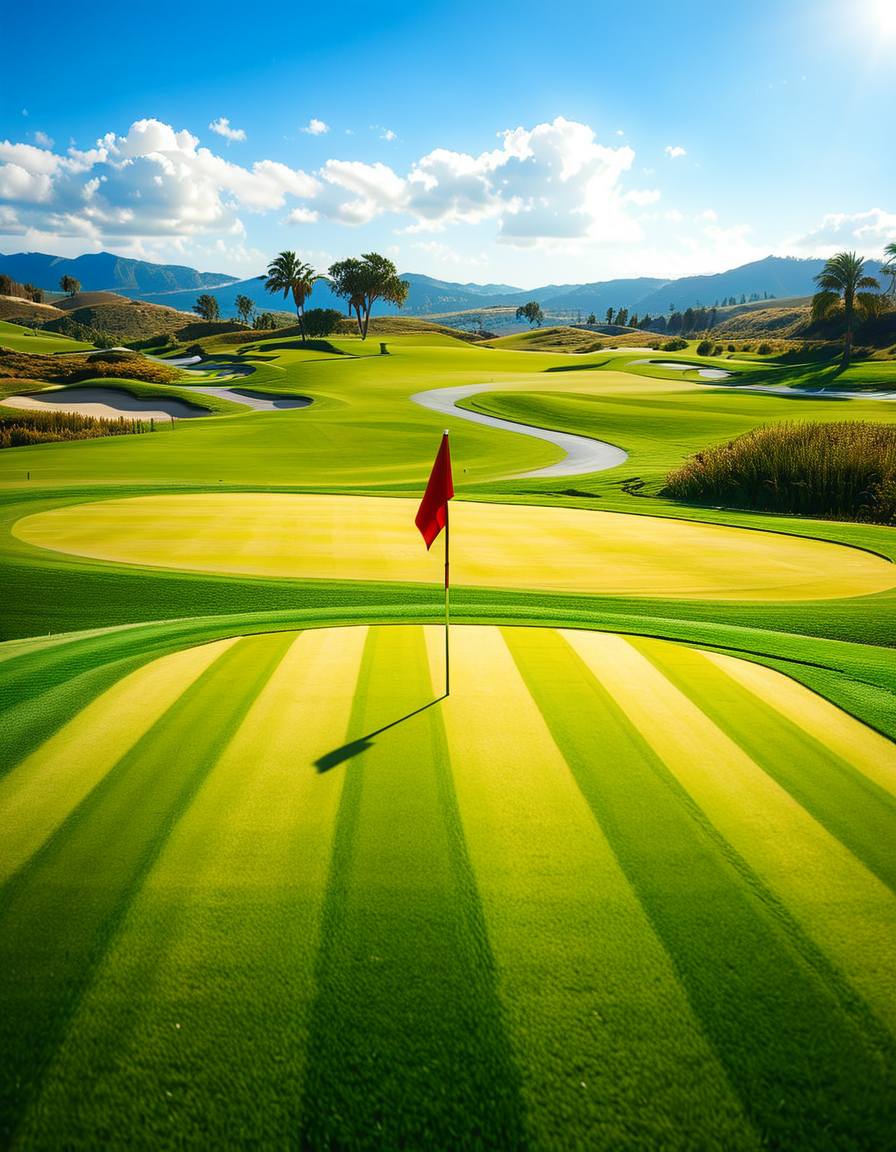 A stunning golf course captured in a high-resolution photograph, bathed in warm sunlight during the golden hour. The vast landscape features lush, perfectly manicured green fairways stretching into the distance, surrounded by rolling hills and scattered sand bunkers with smooth, raked surfaces. A crystal-clear water hazard reflects the sky, adding depth to the scenery. In the foreground, a pristine white golf ball rests on the neatly trimmed grass near a wooden tee marker. A red flag flutters gently atop a flagstick, marking the hole on the undulating green. Tall palm trees or majestic pines line the course, casting long shadows. The background showcases a breathtaking view of distant mountains or a serene blue ocean, enhancing the sense of tranquility and luxury. The sky is a brilliant shade of blue with soft, wispy clouds. The overall composition exudes elegance, precision, and the beauty of nature, capturing the essence of a world-class golf course.
<lora:SDXLFaeTastic2400:0.4> <lora:extremely_detailed:0.4> extremely detailed,<lora:golf_course:1>,golf c0urs3, Masterpiece,best quality,hi res,8k,hi res,8k,award winning,(sharp focus, intricate, highly detailed),