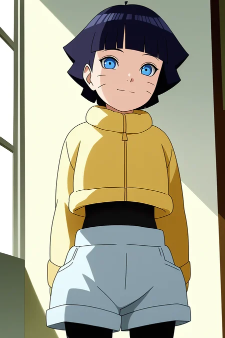 sharp focus, pixiv masterpiece, source_anime, score_9, score_8_up, score_7_up, score_6_up, absurd res, BREAK
<lora:Himawari_Uzumaki_IL_v1-000012:0.85>,uzumaki_himawar1_illu, 1girl, solo, dark_blue_hair, short_hair,yellow jacket, sunny day, looking at viewer, grey_shorts, black leggings, cowboy shot