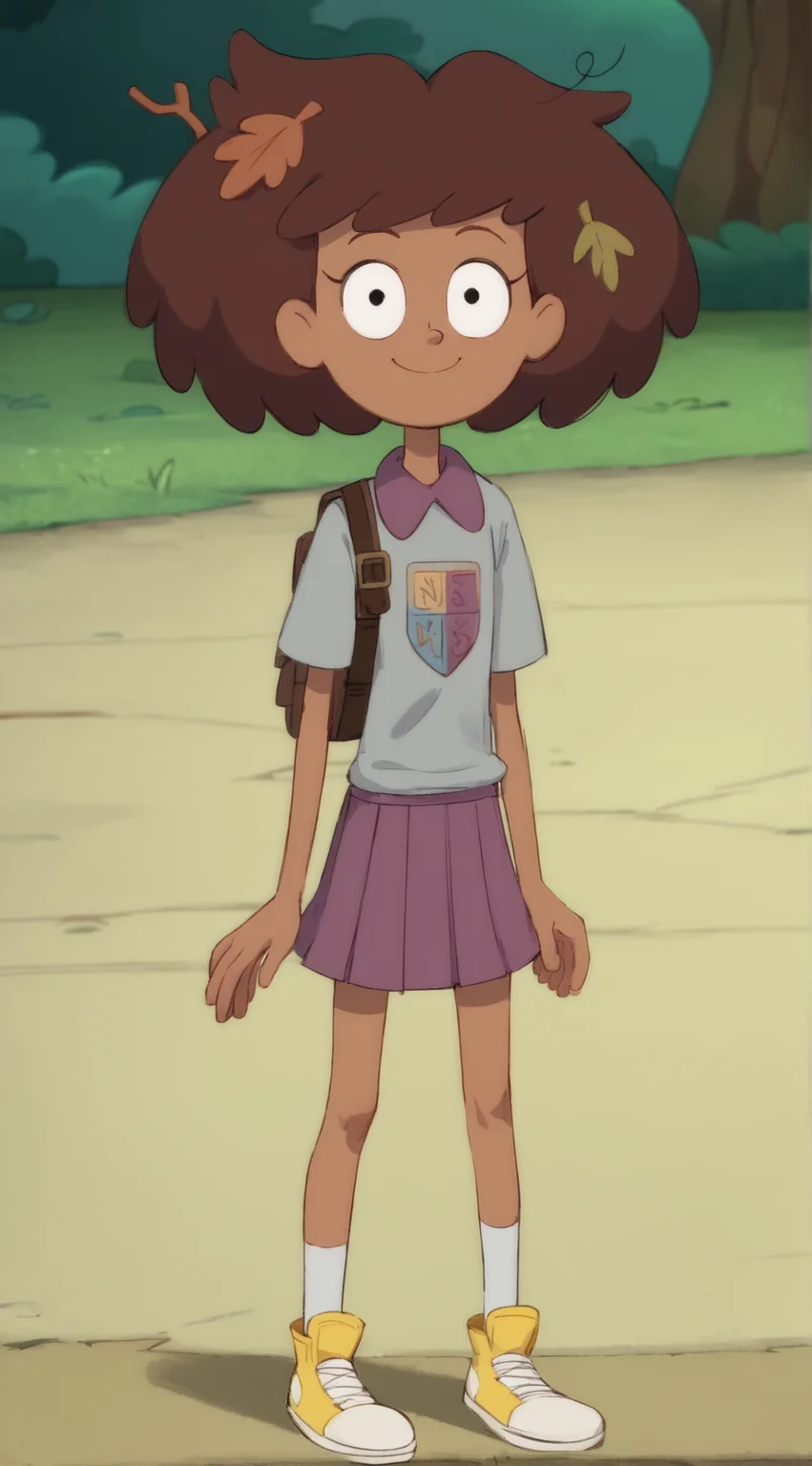 masterpiece, high quality, score_9, score_8_up, score_7_up, t 1girl, smile, looking at viewer, full body, ((short)), cute, petite, Anne Boonchuy, Dark-skinned female, brown hair, leaf, leaves in hair, twig in hair, school uniform, short skirt, parody, anatomically correct
<lora:Anne_Boonchuy_2:0.8>
