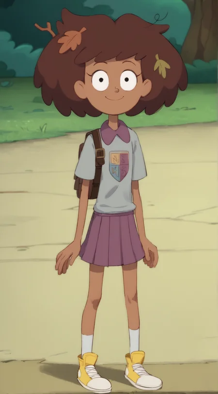 masterpiece, high quality, score_9, score_8_up, score_7_up, t 1girl, smile, looking at viewer, full body, ((short)), cute, petite, Anne Boonchuy, Dark-skinned female, brown hair, leaf, leaves in hair, twig in hair, school uniform, short skirt, parody, anatomically correct
<lora:Anne_Boonchuy_2:0.8>