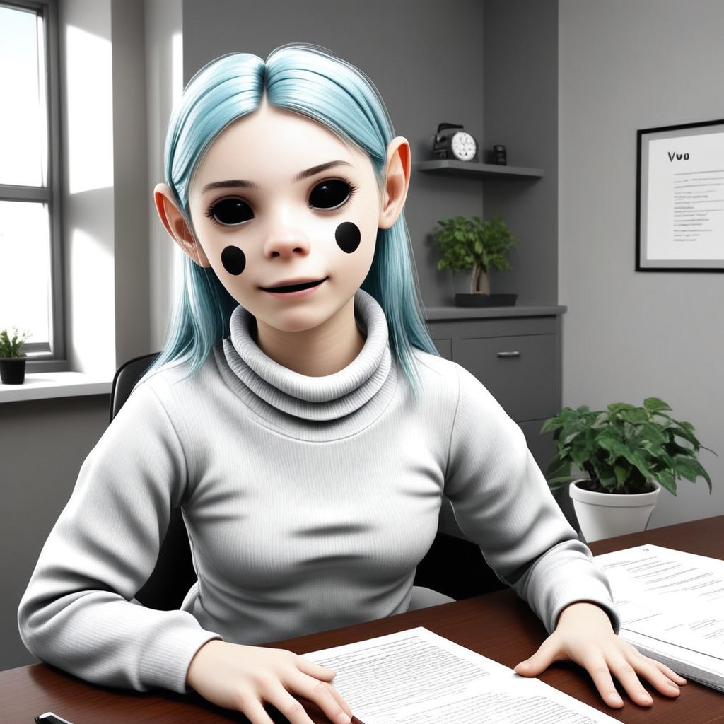 voo is an (adult female and looks about 30 years old) with a (black circle on each cheek) and (black marbles for eyes).She has large and tall. 
voo has (Long white_hair) with a metallic shine.
Voo has a (white_roll_neck_sweater).
smile. Voo is sitting in a leather chair in and office with a window. There is a plant pot with a small aloe plant on the desk Infront of voo.