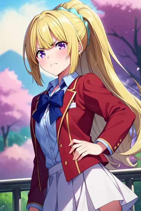 score_9, score_8_up, score_7_up, score_6_up, score_5_up, score_4_up, rating_questionable, , source_anime, digital illustration, pixiv, fanbox, uncensored, , BREAK, official art,
1girl, , female, kei karuizawa, yellow hair, long hair, ponytail, scrunchie, purple eyes,
school uniform, red jacket, white skirt, blue bow, angry,, blush, outdoors, , blush, looking at viewer, colorful, vivid <lora:Kei_Karuizawa_Pony-000009:0.9>