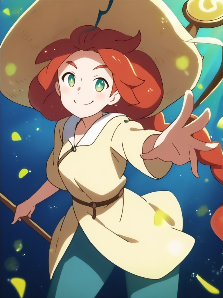 score_9, score_8_up, score_7_up, 1girl, musical note, tunic, magical staff, red hair, big hat, epic pose, light smile, bright pupils, particles around, splash art, pants, looking at viewer, cowboy shot, dynamic pose, smile, cute, wide shot, solo, dutch angle, leaning forward, 
 <lora:StudioColorido_Style:1>StudioColorido,