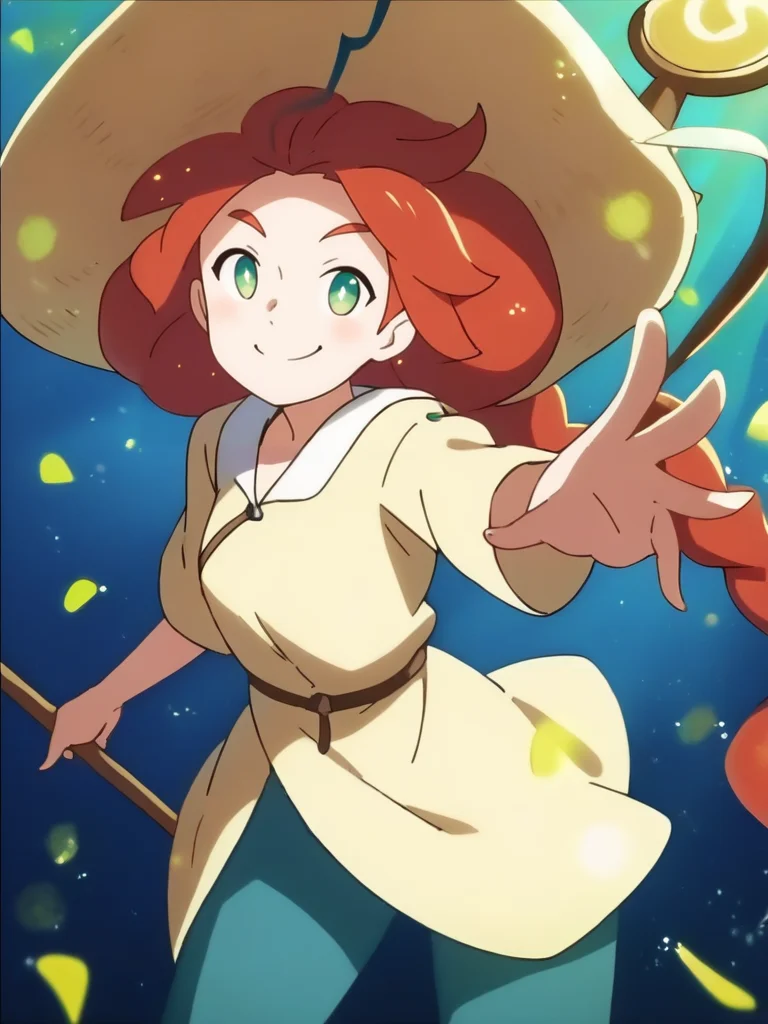 score_9, score_8_up, score_7_up, 1girl, musical note, tunic, magical staff, red hair, big hat, epic pose, light smile, bright pupils, particles around, splash art, pants, looking at viewer, cowboy shot, dynamic pose, smile, cute, wide shot, solo, dutch angle, leaning forward,
<lora:StudioColorido_Style:1>StudioColorido,