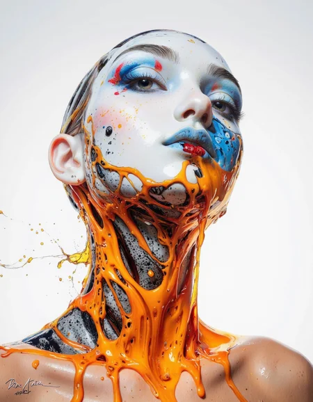 Delirium style. This image is a hyper-realistic CGI artwork featuring a strikingly modern and surreal composition. The central subject is a human head and neck, depicted in a highly stylized and abstract manner. The head is adorned with a striking, futuristic makeup that includes a white face with blue and red accents. The makeup is fluid, almost liquid-like, with the blue and red colors blending seamlessly.
The neck and head are submerged in a vibrant, orange liquid that appears to be splashing and dripping. This liquid has a glossy, almost metallic texture, and it seems to be splashing from the head and neck, creating a dynamic, fluid motion. The liquid splashes create a sense of movement and energy, adding to the surreal and otherworldly atmosphere of the image.
The background is a smooth, gradient white, which contrasts sharply with the vibrant colors of the liquid and the makeup, making the subject stand out. The overall style is highly polished and detailed, with a focus on smooth surfaces and high contrast, giving it a futuristic, sci-fi aesthetic. The artist's signature, "Dona Areda," is visible at the bottom of the image, indicating the creator's name. <lora:Bonafida.Studio:1>