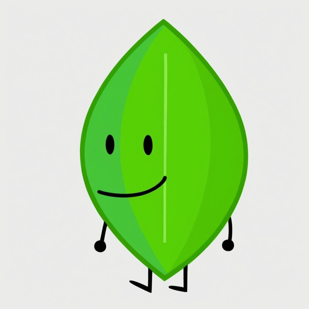 masterpiece, score_9, score_8_up, black outlines, cartoon style, minimalist design, LeaaffBfdi, full body, standing, digital art, 1girl, solo, female focus, anthropomorphic leaf,  from front, standing, leaf-shaped character, no humans, black limbs, black arms, black legs, smooth green skin, bright highlights, central vein detail on leaf, dotted eyes, black eyes, cute expression, vibrant and clean colors, cheerful design, no clothing, white background