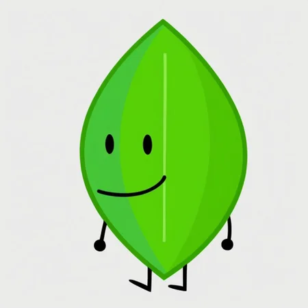masterpiece, score_9, score_8_up, black outlines, cartoon style, minimalist design, LeaaffBfdi, full body, standing, digital art, 1girl, solo, female focus, anthropomorphic leaf, from front, standing, leaf-shaped character, no humans, black limbs, black arms, black legs, smooth green skin, bright highlights, central vein detail on leaf, dotted eyes, black eyes, cute expression, vibrant and clean colors, cheerful design, no clothing, white background