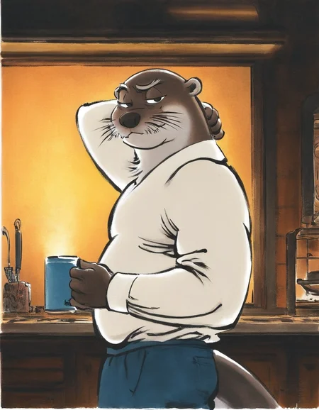 traditional ink wash, style-d, otter, anthro, solo, mature male, (musclegut:0.8), white shirt, blue pants, holding mug, daddy mug, hand behind head, looking aside, looking at viewer, counter, kitchen, raised eyebrow, half-closed eyes, side view, dim lighting, warm lighting, afternoon, window
<lora:PseudoInkWash_1.22-vpred-r:1>