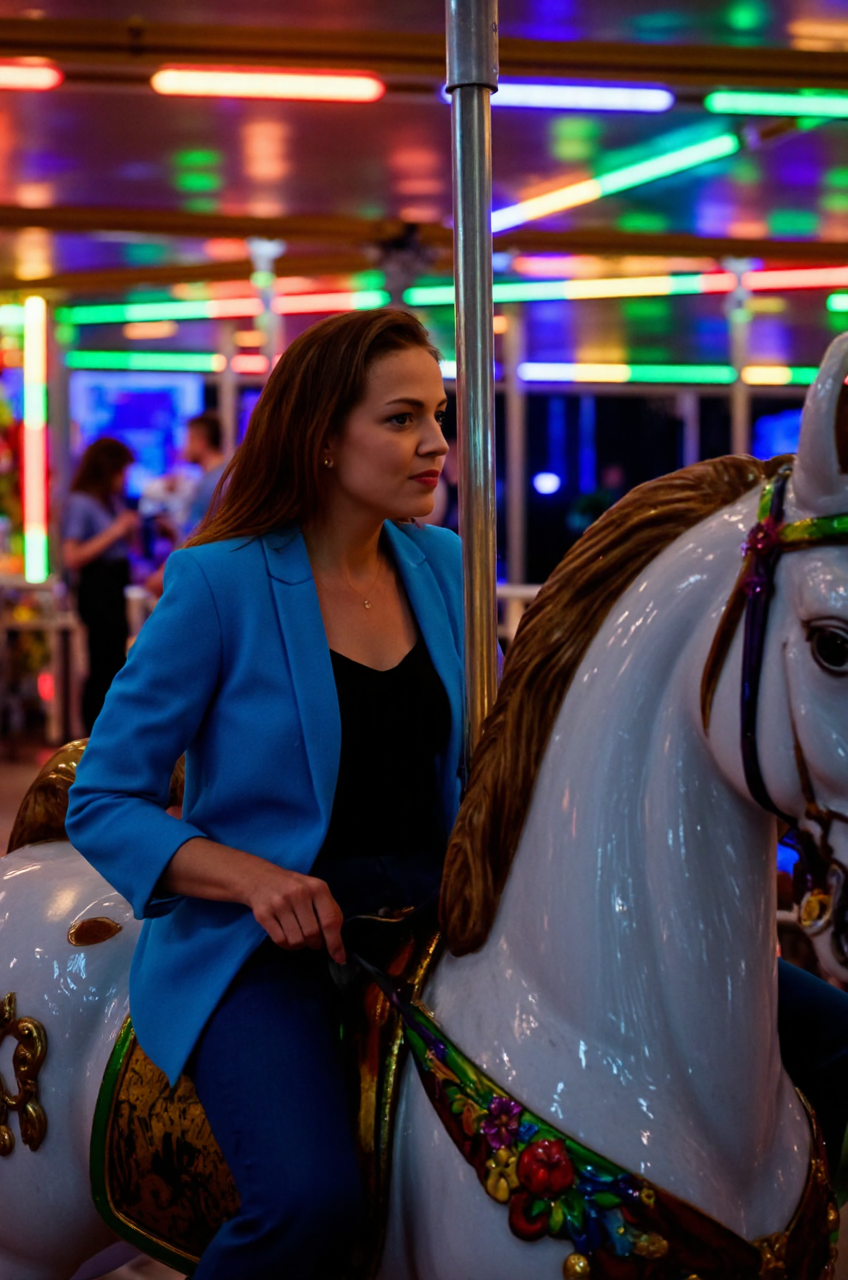 Surrealism, cinematic still <lora:Bente Becker:1.6> Bente Becker, A person riding a carousel horse in a neon-drenched amusement park, looking nostalgic, shot with a telephoto lens for a dreamy portrait, vibrant lights streaking, sharp focus on the subject. . emotional, harmonious, vignette, highly detailed, high budget, bokeh, cinemascope, moody, epic, gorgeous, film grain, grainy, expressive, dramatic, organic lines and forms, dreamlike and mysterious, Surrealism
