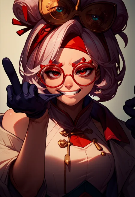 score_9, score_8_up, score_7_up, source_anime, 1girl, glove biting, mouth hold, <lora:AdjustingGlovesWithLips_XLPD:1>, upper body, smirk, looking at viewer, <lora:purah-pdxl-nvwls-v1:0.8> purah, hair ornament, red headband, red glasses, sleeveless shirt, white coat, gloves, middle finger,