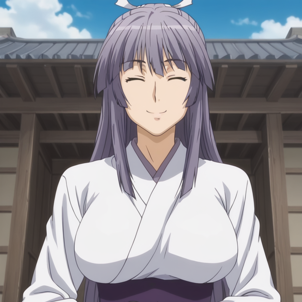 <lora:Slimes_Miya:1>, slimes_miyaasama, woman, large sagging off-centered breasts, eyes closed, smiling, temple background