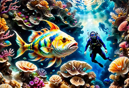 high contrast, lively colors, highest quality,masterpiece, 4K HD,vibrant colors ,wide angle, cinematic, realistic, hyper detailed,Extremely high-resolution details, photographic, realism pushed to extreme, fine texture, incredibly lifelike,sharp, colorful
hyperkraximalism,
a diver descends into the ocean abyss, wide angle , reefs, fish