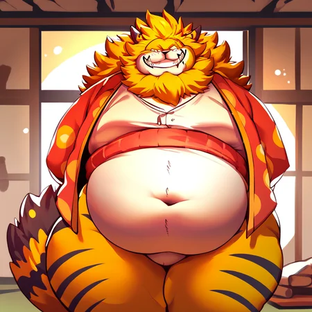 score_9, score_8_up, score_8, furry, Nekomamushi, tiger, yellow hair, cartoon style, 2d, overweight male, big belly, thick thighs, wide hips, solo, Japanese clothing, standing, arms behind back, looking at viewer, grin, inside