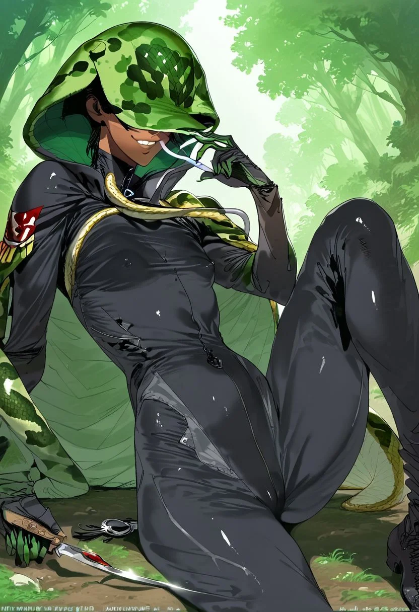 score_9, score_8_up, score_7_up, score_6_up, score_5_up, score_4_up, 1girl, black eyes, green tree, ((midnight)), tilted angle, loop lighting, (((forest))), solo, ((((holding sickle)))), Concept Art, (((((((camo bodysuit))))))), flat breasts, flat ass, skinny leg, skinny body, slim girl, (18 years old)), ((pettie)), narrow waist, flat chest, ((camo hand bodysuit)), (((short))), flat breasts, flat ass, narrow waist, ((flat chest)), (((short))), ((flat chest)), (((anorexic))), ((((dark skin woman))))), (((tight green glove))), ((((snake bodysuit)))), black hair, (((pixie cut))), (((smug))), ((green glove)), ((((((snake furry)))))), ((nipple)), ((((((dynamic pose))))))) , ((((((dynamic hand))))))) , ((((((dynamic leg))))))) ,(((((((transparent black bodysuit)))))), ((transparent gas mask)), , (((( snake hood))), (((snake cape)))) , (((( snake camo))), (((camo cape)))) , ((((lesbian))))), ((((lying down)))), ((((character sheet))))