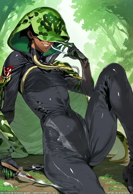 score_9, score_8_up, score_7_up, score_6_up, score_5_up, score_4_up, 1girl, black eyes, green tree, ((midnight)), tilted angle, loop lighting, (((forest))), solo, ((((holding sickle)))), Concept Art, (((((((camo bodysuit))))))), flat breasts, flat ass, skinny leg, skinny body, slim girl, (18 years old)), ((pettie)), narrow waist, flat chest, ((camo hand bodysuit)), (((short))), flat breasts, flat ass, narrow waist, ((flat chest)), (((short))), ((flat chest)), (((anorexic))), ((((dark skin woman))))), (((tight green glove))), ((((snake bodysuit)))), black hair, (((pixie cut))), (((smug))), ((green glove)), ((((((snake furry)))))), ((nipple)), ((((((dynamic pose))))))) , ((((((dynamic hand))))))) , ((((((dynamic leg))))))) ,(((((((transparent black bodysuit)))))), ((transparent gas mask)), , (((( snake hood))), (((snake cape)))) , (((( snake camo))), (((camo cape)))) , ((((lesbian))))), ((((lying down)))), ((((character sheet))))