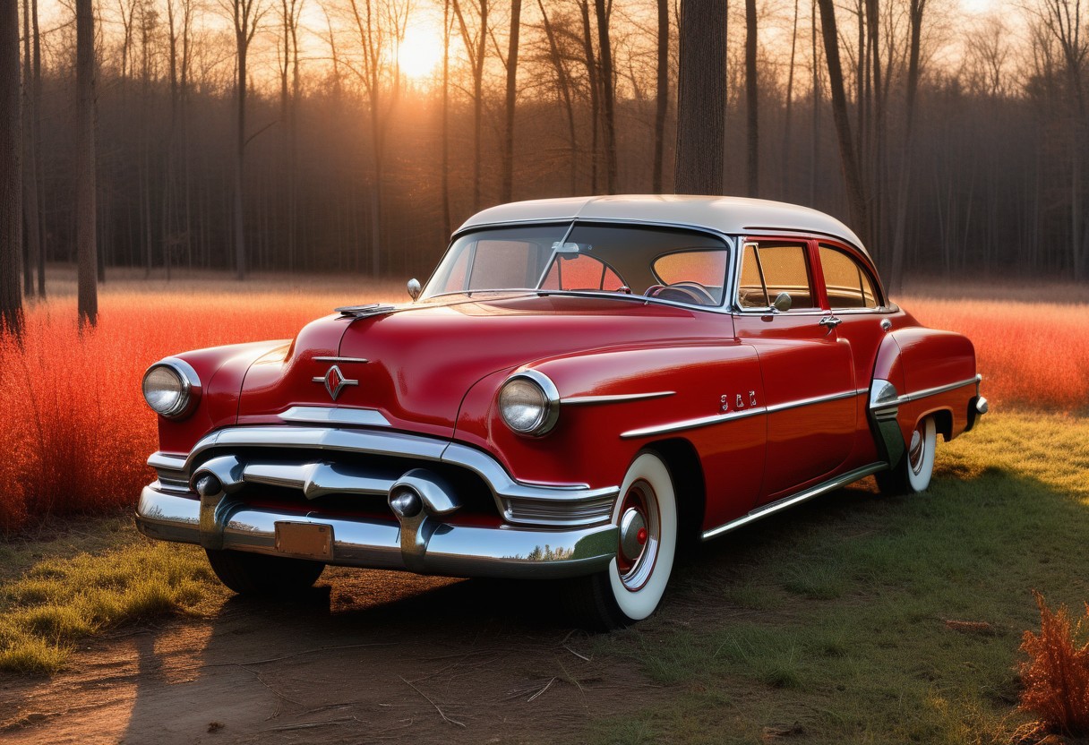 very realistic photograph of a red 1953 Pontiac car parked in a field, in sunset lighting, hardwood forest background, extremely detailed