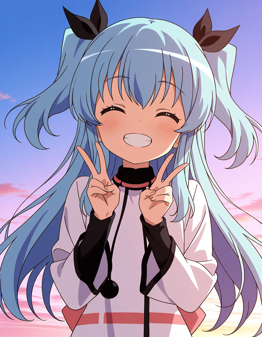 general,highres, ultra-detailed,very aesthetic,best quality ,best hands,  BREAK,  <lora:Noel_IS:1>  Noel, 1girl,solo, long hair, blue hair, two side up, blue eyes, hair ribbon, black ribbon,bangs, 2020s (style), anime coloring,
 closed eyes, sky, upper body, ^_^, teeth, long sleeves, blush, dress, white dress, black ribbon,
peace, v,