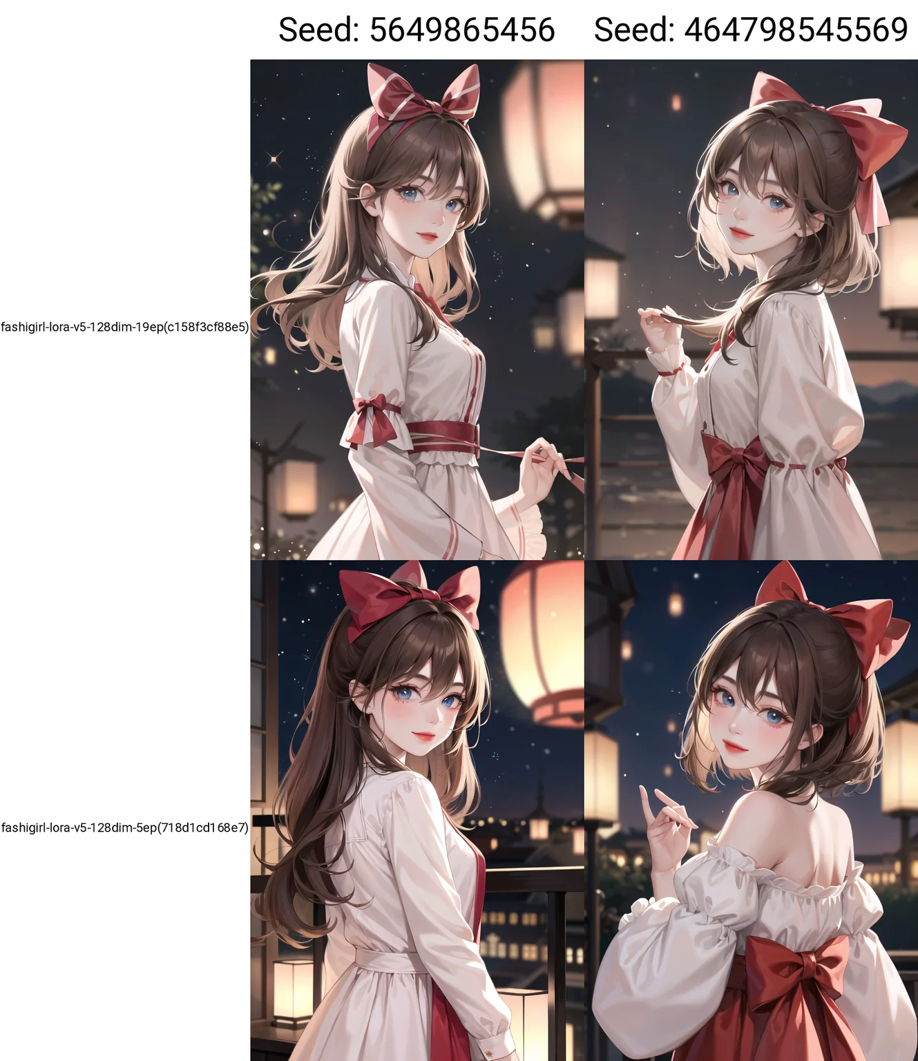 (extremely delicate and beautiful:1.2),1girl,fashi-girl, bangs, blue eyes, blurry, blurry background, bow, brown hair, closed mouth, from side, hair between eyes, hair bow, lantern, light particles, long sleeves, looking at viewer, medium hair, night, red bow, solo, star \(symbol\), upper body,smile,red lips