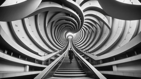 Positive: cinematic photo Director Sergei Eisenstein style - film still 1925. In the future, metropolis style, old movie grain
<lora:FaeTastic:0.7> <lora:Director Sergei Eisenstein style:0.7>
. 35mm photograph, film, bokeh, professional, 4k, highly detailed, architecture stairs inside a geometrical pattern by Escher, optical illusion, math ilustration, sine wave, gaussian distribution, tessellation, use of mathematics, geometry, and optical illusions to create impossible worlds and mind-bending images. themes of infinity, recursion, and transformation.