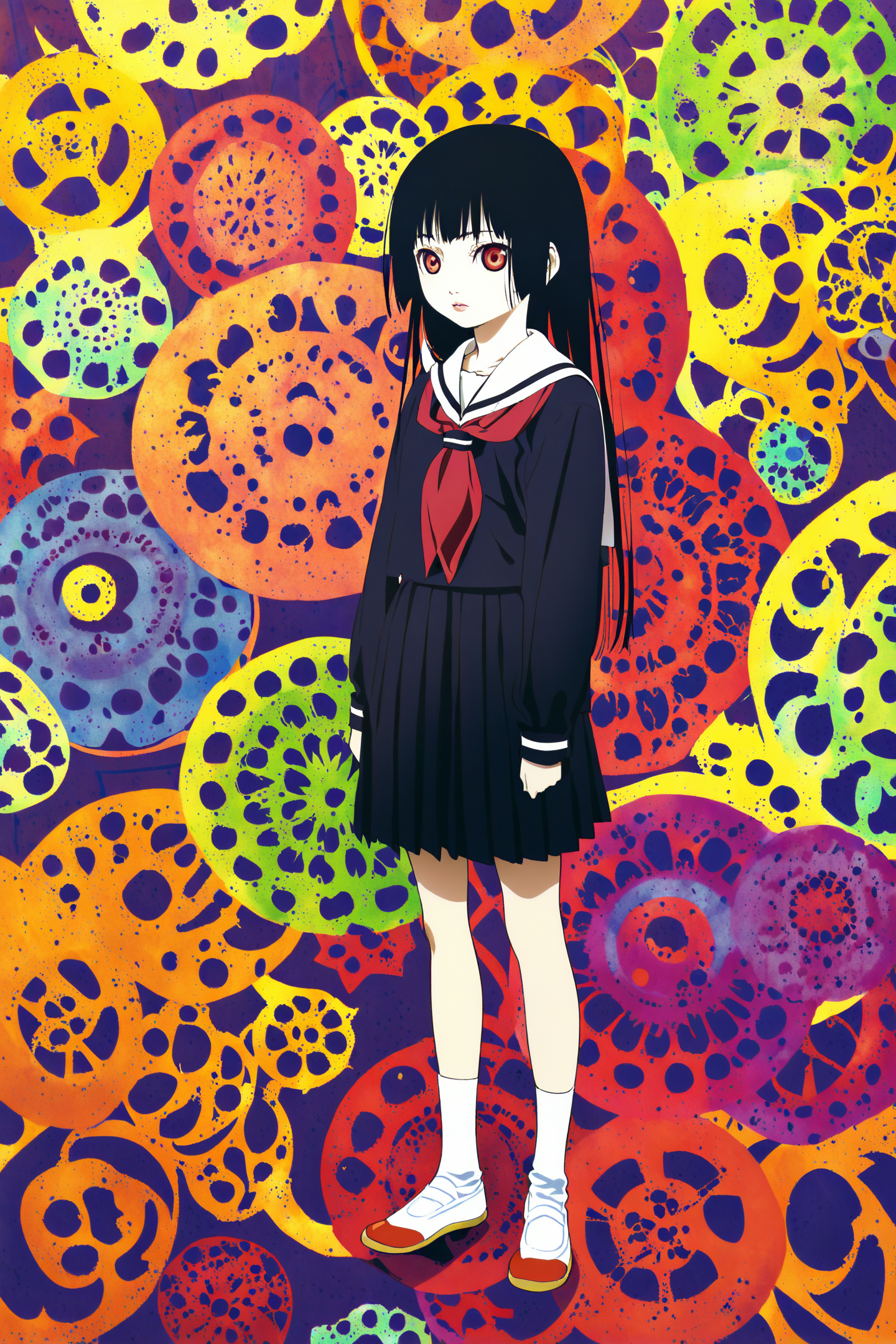 Enma Ai,1girl,solo,black hair,long hair,school uniform,serafuku,red eyes,black serafuku,skirt,socks,hime cut,blunt bangs,standing,
<lora:JigokuShoujo_XL_v2:0.8>,