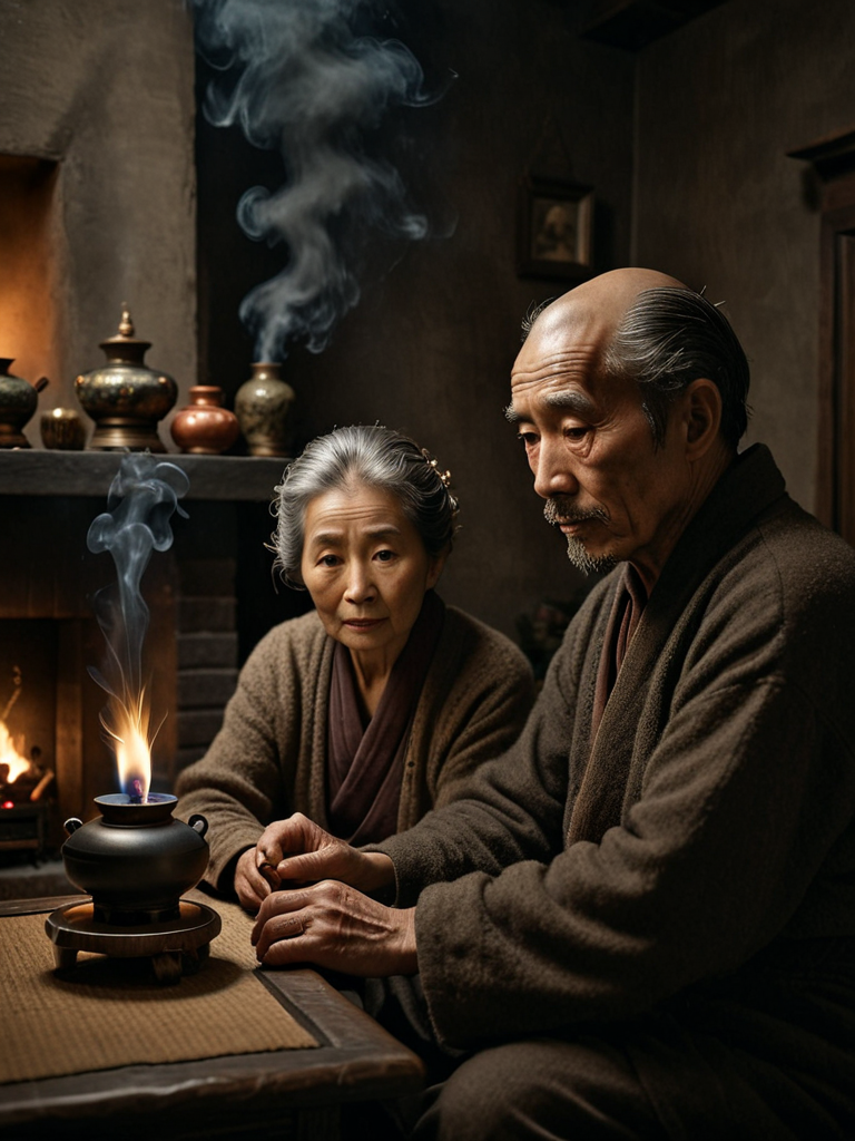 photo focus on night, dark dim muted colors, chiaroscuro   couple , japanese (1man:1.2) sitting by fireplace,  elderly mature  , hand , ornamental incense burner lamp  <lora:Chiaroscuro-v1:0.95>, bonsai, character color photo portrait, Mise-en-scène, Staged Scene, Thoughtful Arrangement, Chiaroscuro, Strong Light and Shadow, Dramatic Contrast, absurdres, detailed, macro details, 8k, hyper realistic, texture surface details, film, professional, 4k, highly detailed professional, simple