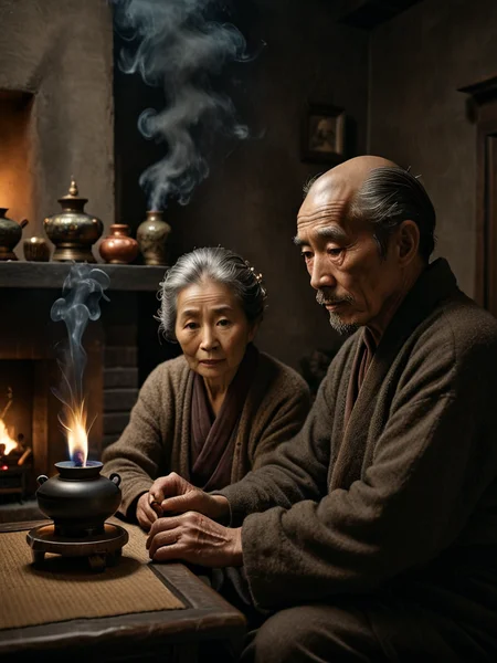 photo focus on night, dark dim muted colors, chiaroscuro   couple , japanese (1man:1.2) sitting by fireplace,  elderly mature  , hand , ornamental incense burner lamp  <lora:Chiaroscuro-v1:0.95>, bonsai, character color photo portrait, Mise-en-scène, Staged Scene, Thoughtful Arrangement, Chiaroscuro, Strong Light and Shadow, Dramatic Contrast, absurdres, detailed, macro details, 8k, hyper realistic, texture surface details, film, professional, 4k, highly detailed professional, simple