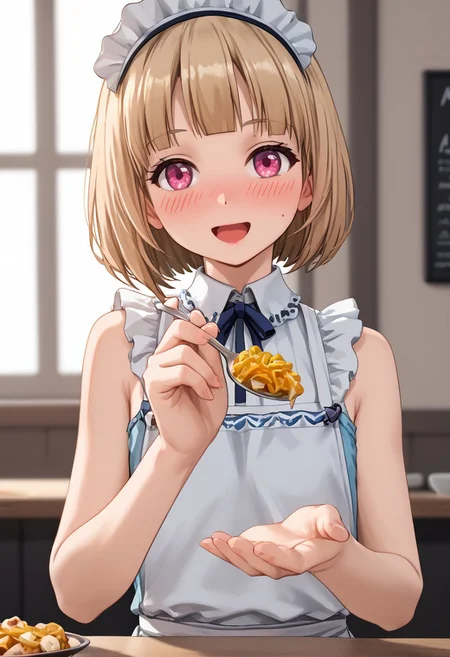 score_4,score_5,score_6,score_7_up,score_8_up,score_9 ((masterpiece,best quality,ultra detailed,highres,HD,4k:1.2)),
1 femboy, solo,solo focus,femoby focus,face focus,
Apron, sleeveless, exposed arms, exposed shoulders,, frilly aprons,
upper body,
pov,feeding,looking at viewer,feeding, food,incoming food,holding spoon,
looking at viewer,blush,happy,shy,smile,open mouth,