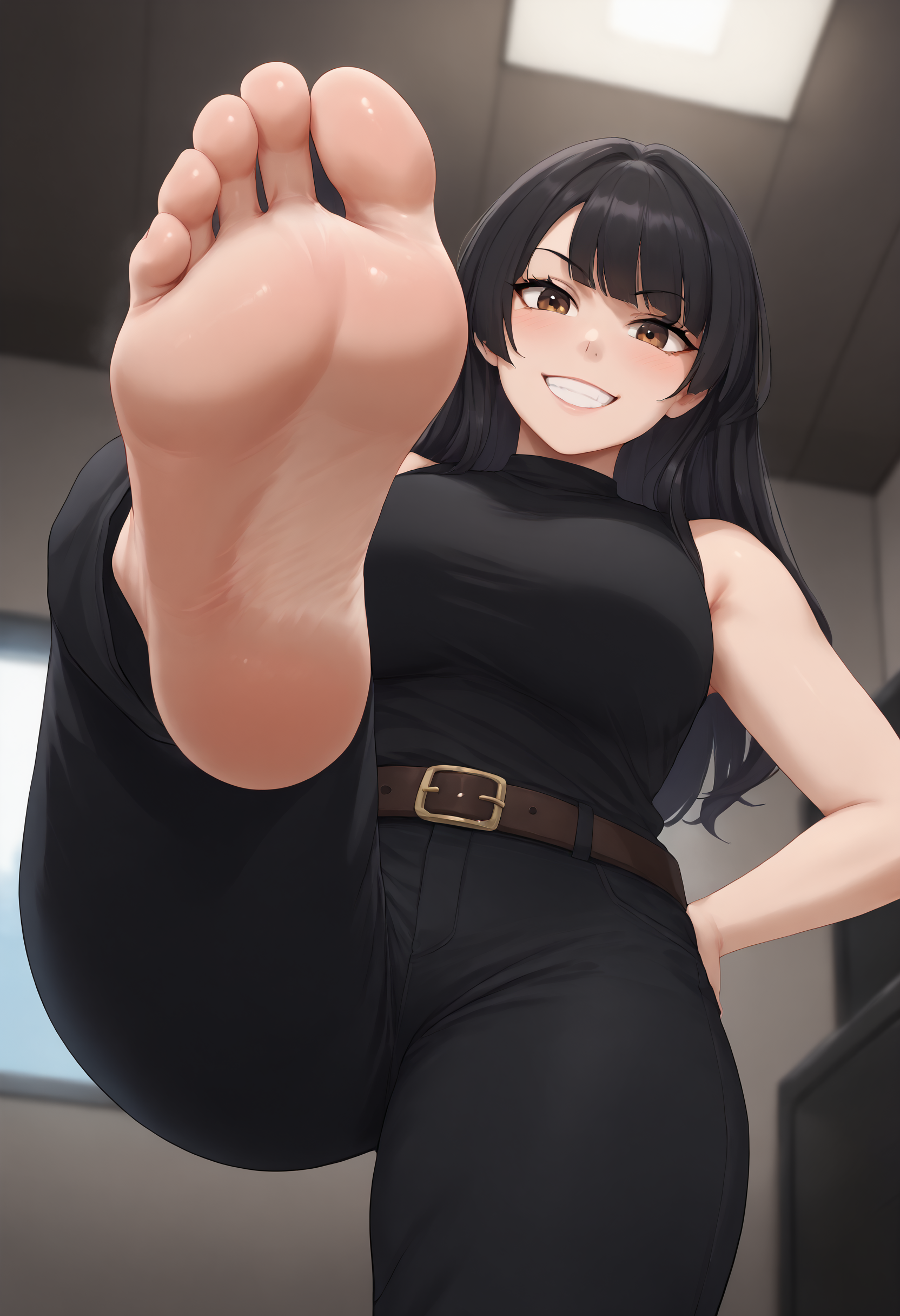<lora:feet_anime_pony_v2:1>
<lora:StompXL:1>
1girl, foot stomp, foot focus, black hair, smile, solo, pants, barefoot, long hair, feet, soles, looking at viewer, shirt, toes, black shirt, black pants, from below, belt, brown eyes, breasts, sleeveless shirt, bangs, grin, blush, sleeveless, foreshortening, foot up, large breasts, bare shoulders