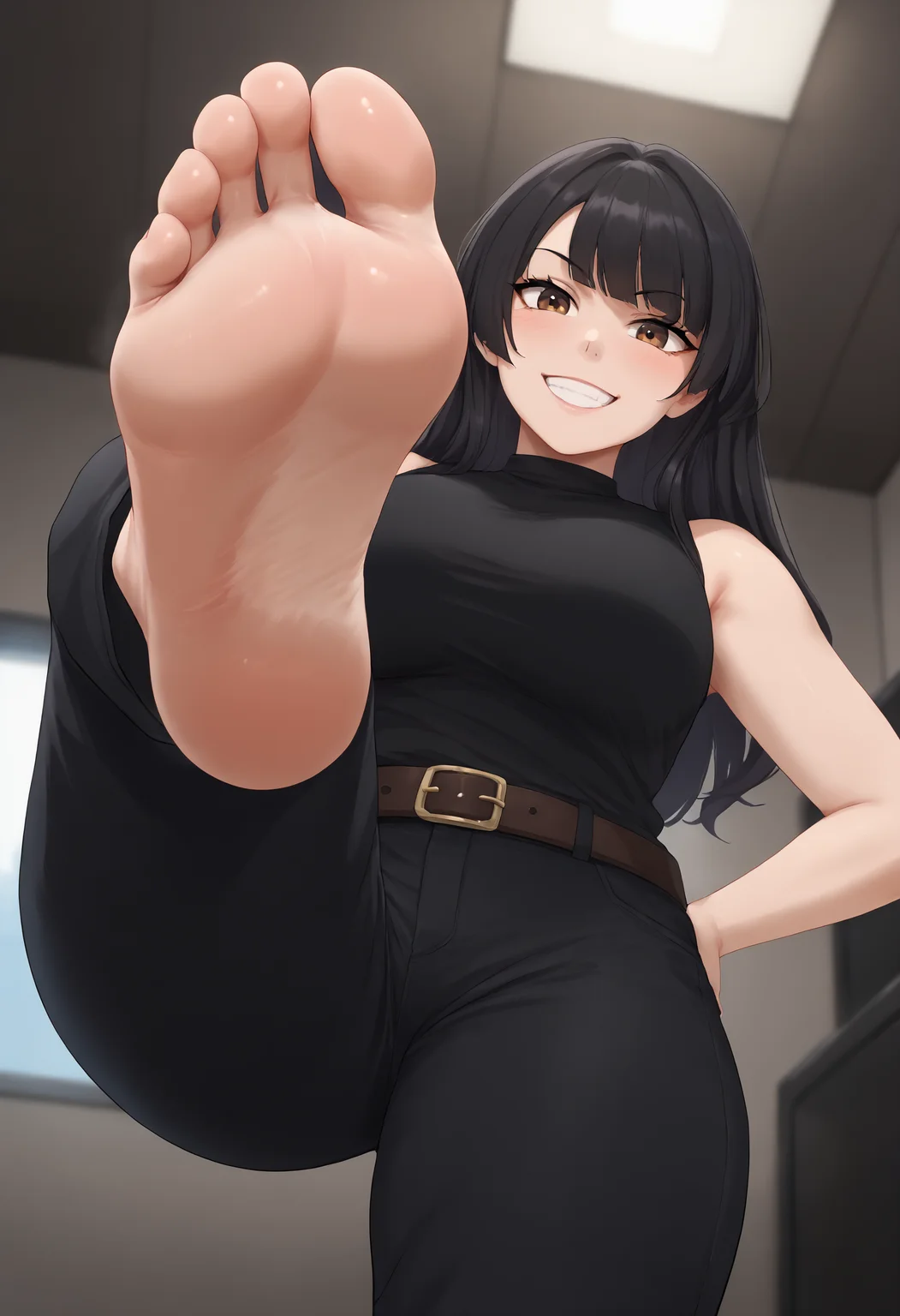 <lora:feet_anime_pony_v2:1>
<lora:StompXL:1>
1girl, foot stomp, foot focus, black hair, smile, solo, pants, barefoot, long hair, feet, soles, looking at viewer, shirt, toes, black shirt, black pants, from below, belt, brown eyes, breasts, sleeveless shirt, bangs, grin, blush, sleeveless, foreshortening, foot up, large breasts, bare shoulders