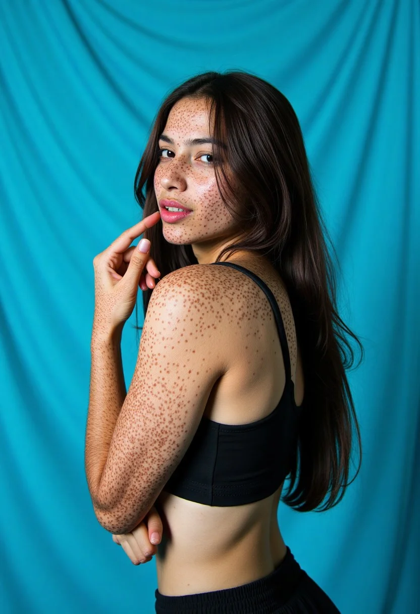 A studio portrait photograph captures a young Indian woman showcasing her naturally imperfect beauty against a seamless cerulean blue backdrop. Her long, dark brown hair cascades loosely to one side, framing a face adorned with an abundance of freckles across her cheeks, shoulders, and arms, highlighting her unique and captivating skin. She wears a minimalist black sports bra and matching athletic shorts, posed in a relaxed, side-facing position with a playful expression and a single finger gently touching her lips. Soft, diffused studio lighting gently illuminates her form, emphasizing her natural features and creating a clean, contemporary aesthetic. Freckled_Hot_Babe