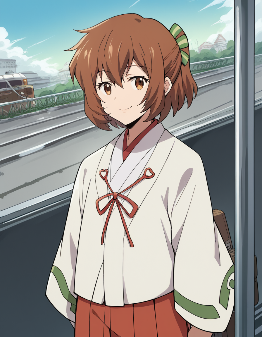 score_9, score_8_up, score_7_up, source_anime, <lora:loghorizon-minori-s2s3-ponyxl-lora-nochekaiser:1>, minori, short hair, brown hair, brown eyes, half updo, ponytail, short ponytail, hair ribbon,, japanese clothes, wide sleeves, miko, hakama, red hakama,, train station, waiting for train, suitcase, traveling, commute, city skyline, hands behind back, smile, <lora:seductive-smile-ponyxl-lora-nochekaiser:1>, seductive smile, come hither, naughty face,, looking at viewer, solo,, dutch angle, cowboy shot