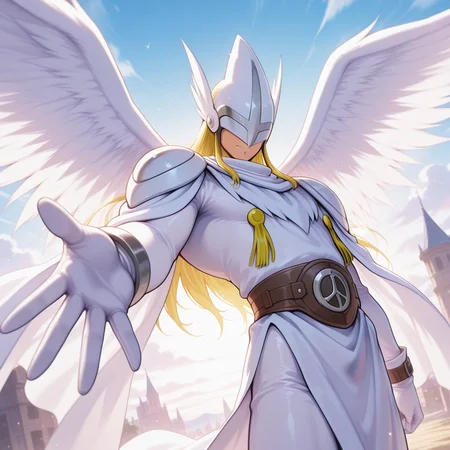 masterpiece, <lora:lordholyangemon-v2-09:0.8> d-lhangemon, digimon (creature), 1boy, outdoors, (white clothes), white (bodysuit), white_winged_helmet, tunic, robe, wings, brown belt, shoulder_pads, white_gloves over clothes, dynamic pose, dynamic angle, male focus, right bracelet, single_white_bracelet, reaching towards viewer, ((single hand belt)), upper body