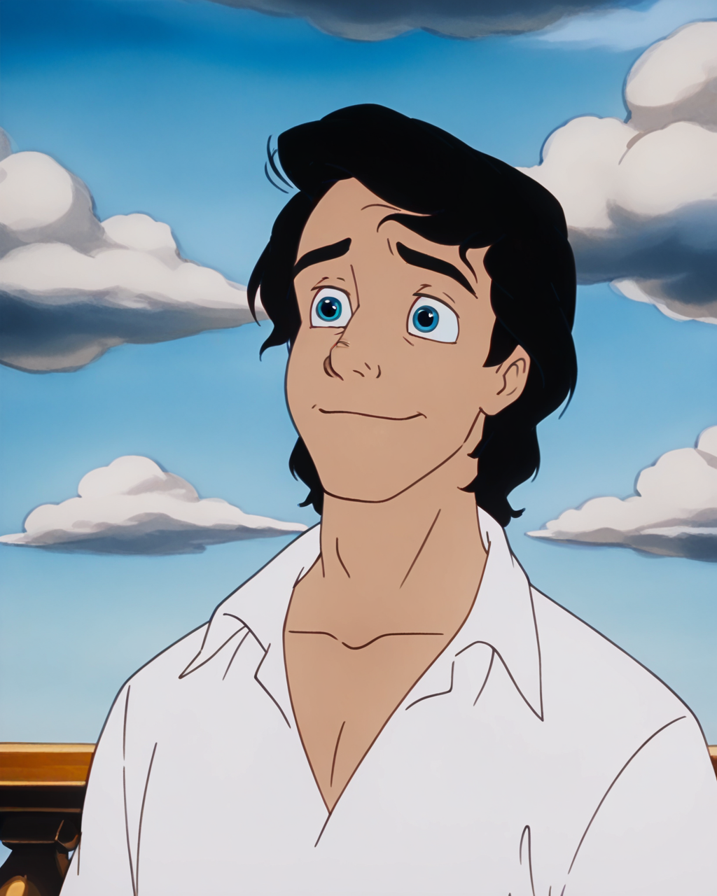 masterpiece, best quality, amazing quality, absurdres, DisneyRenstyle, PrinceEric, TLM, 1boy, male focus, black hair, white shirt, cloud, smile, sky, blue eyes, closed mouth, parody, collared shirt, outdoors, collarbone<lora:Disney_Renaissance_IllustriousV1:1>