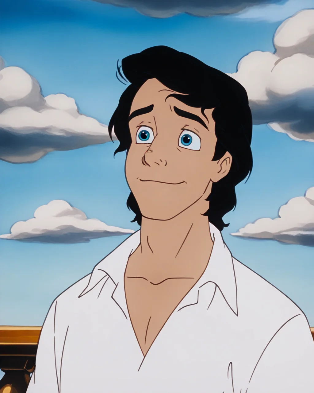 masterpiece, best quality, amazing quality, absurdres, DisneyRenstyle, PrinceEric, TLM, 1boy, male focus, black hair, white shirt, cloud, smile, sky, blue eyes, closed mouth, parody, collared shirt, outdoors, collarbone<lora:Disney_Renaissance_IllustriousV1:1>