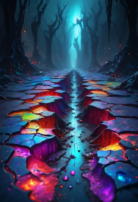 dark parallel world. horror. lonely. cold. lifeless.
perfection style, vivid colors, colorful, Colorful Chaos Cracks and Drops