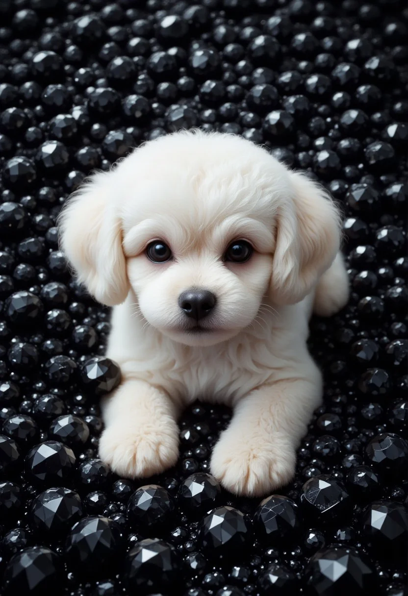A cute face of a snow-white curly poodle looks out from the huge pile of black diamonds. The poodle is a small and cute puppy. The fur of the funny poodle is very curly. A top view of the poodle in endless black diamonds. The paws of the funny poodle lie on black diamonds. Adorable, cute, funny. realism, digital art, close-up, vivid colors, photograph, Depth of field 100mm. aidmaHyperrealism, black diamonds