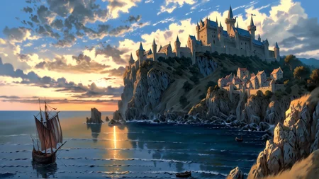 safe_pos, score_9, score_8_up, score_7_up, masterpiece,
scenery, outdoors, sky, water, ocean, day, blue sky, traditional media, horizon, medieval castle on the cliffs, warn sunset light, hyperdetailed, masterpiece, best quality, sketchy, oil painting, highly detailed,