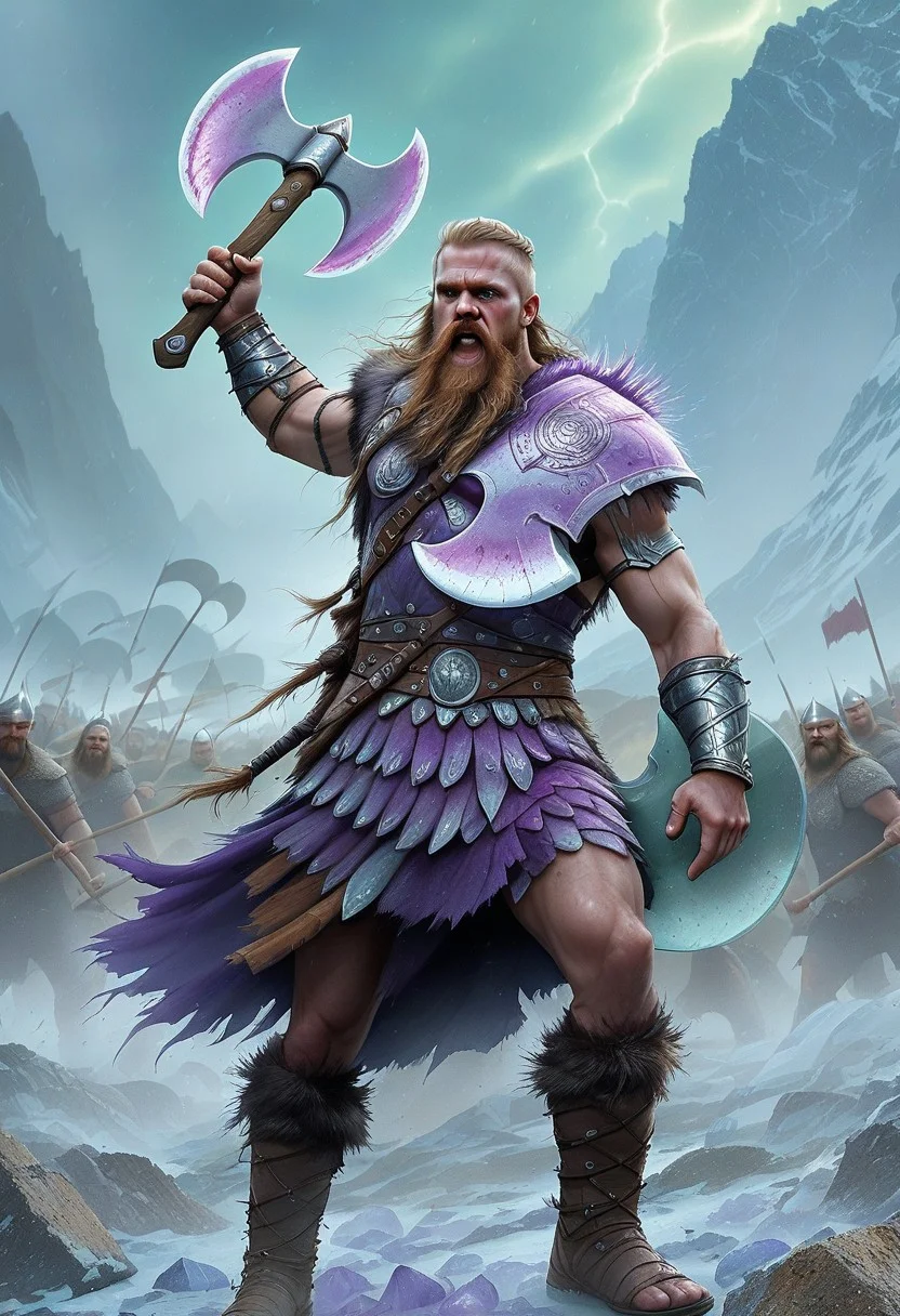 flu0rite, iridiscent, VALHERO viking warrior holding a fluorite mineral axe during the Battle of Ragnarok