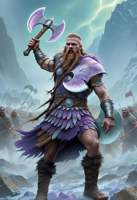 flu0rite, iridiscent, VALHERO viking warrior holding a fluorite mineral axe during the Battle of Ragnarok